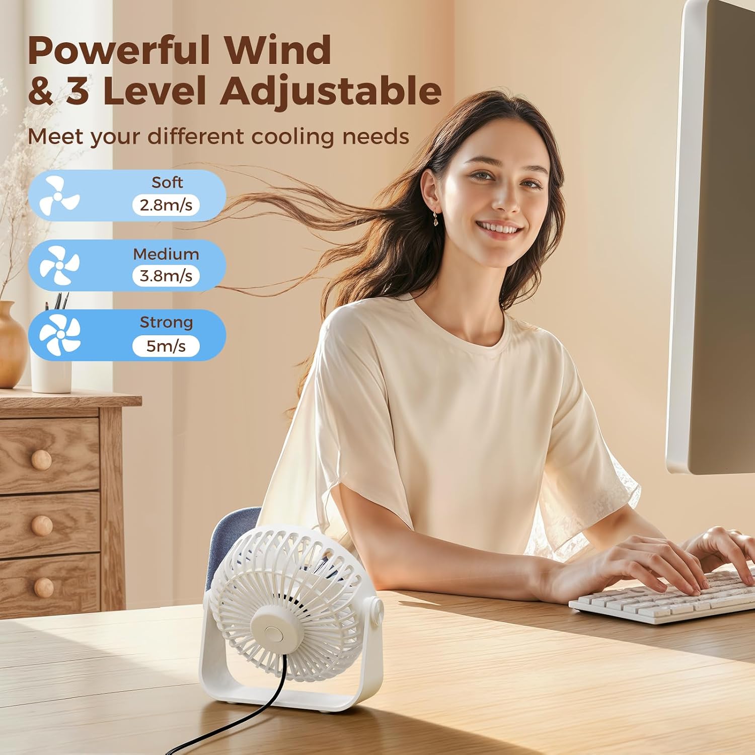 Detalle de TriPole USB Desk Fan: 4.5 Inch, 360° Rotation, 3 Adjustable Speeds