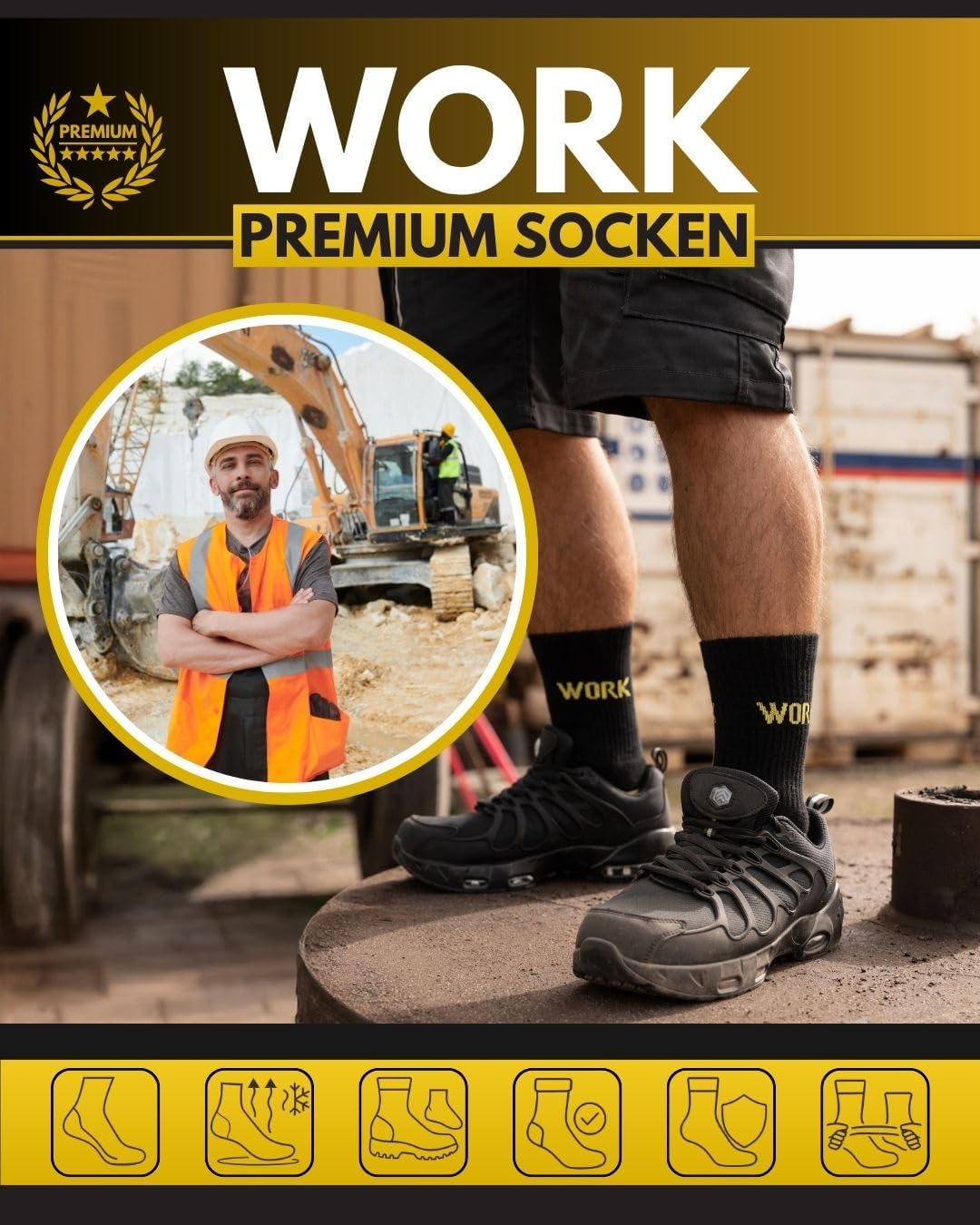 Detalle de Premium Arbeitssocken Herren WORK (5 Paar) – verstärkt, gepolsterte Sohle, Komfortbund ohne drückende Naht