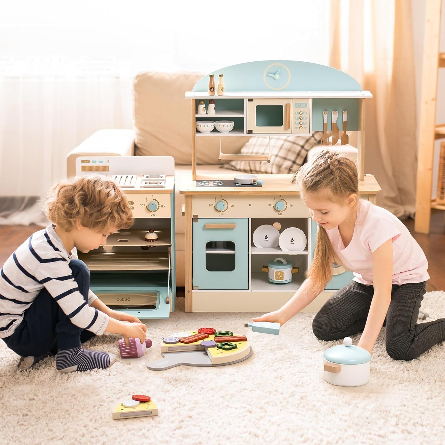Thumbnail 6 de ROBOTIME Wooden Play Kitchen: Toddler Kitchen Set with Oven, Fridge & Washing Machine