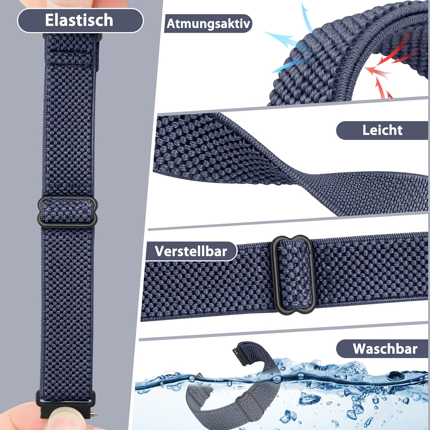 Thumbnail 1 de SHIJZWD elastisches Uhrenarmband mit Schnellverschluss (Nylon Loop), passend für 16–24 mm