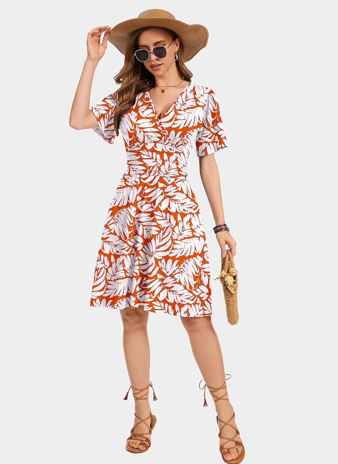 Detalle de WNEEDU Sommerkleider Damen Elegant Kleid mit Rüschenärmeln, Empire Taille und Taschen