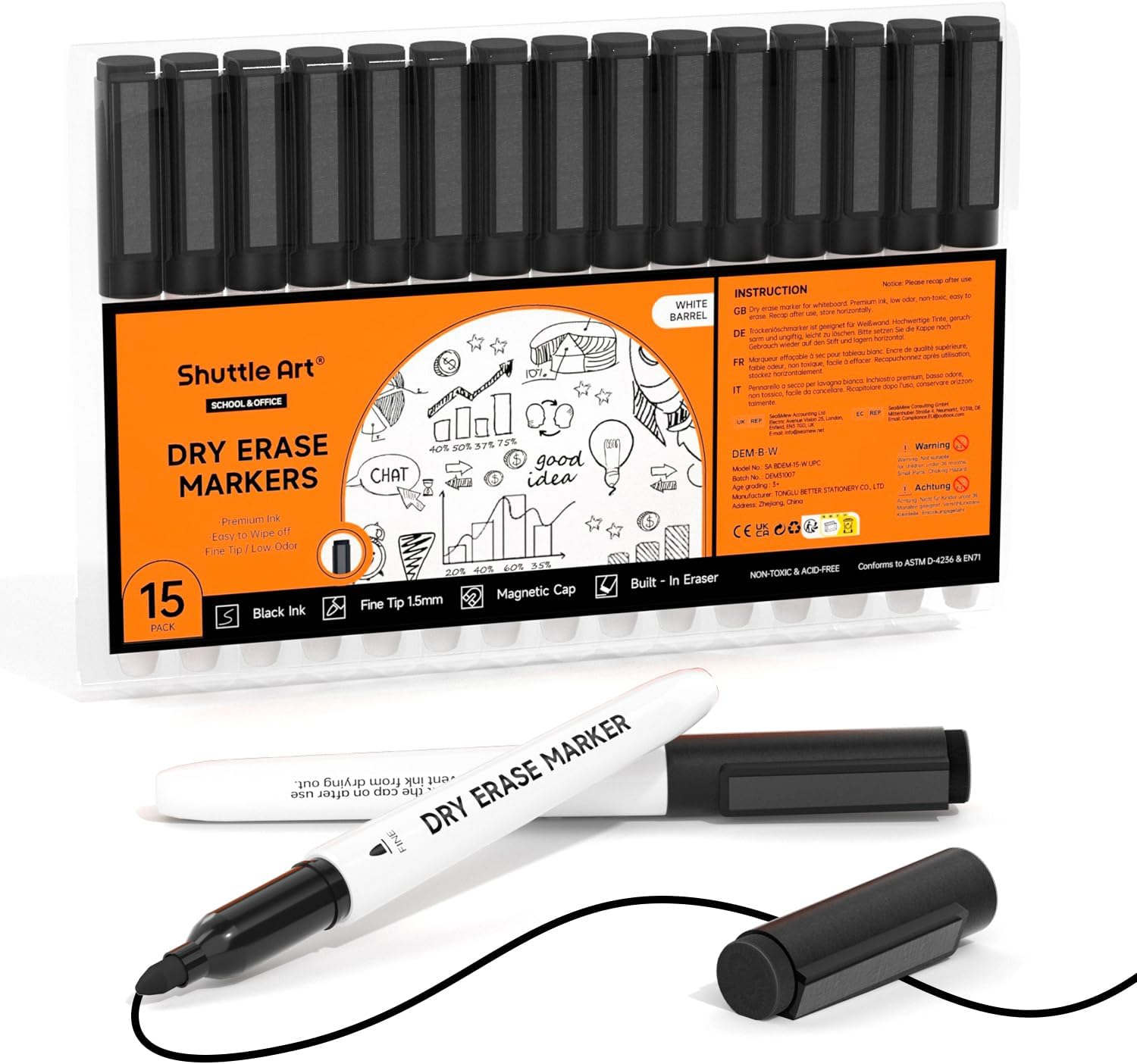 Shuttle Art Dry Erase Markers 15-pack black 🖊️