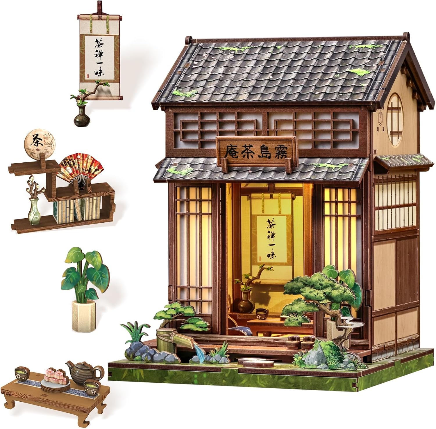 Detalle de Book Nook Kit – Kit de Miniature de Salon de Thé Japonais à assembler, avec lumières LED et socle pour livres