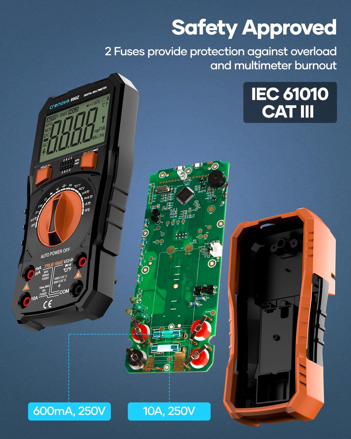 Detalle de Crenova Digital Multimeter 890Z (Orange) – 6000 counts TRMS auto-ranging multimeter with probes