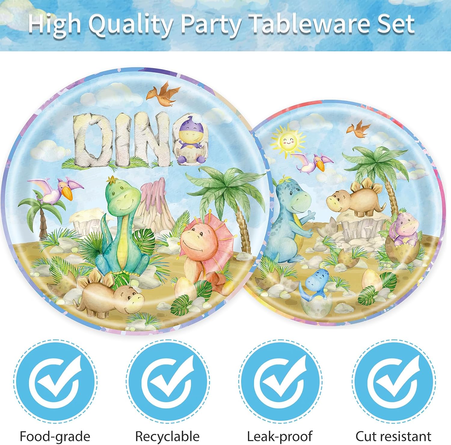 Detalle de Aitsite Dino Partygeschirr Set (50-teilig) für 10 Gäste – Cartoon Dinosaurier Teller, Tassen, Servietten & Strohhalme