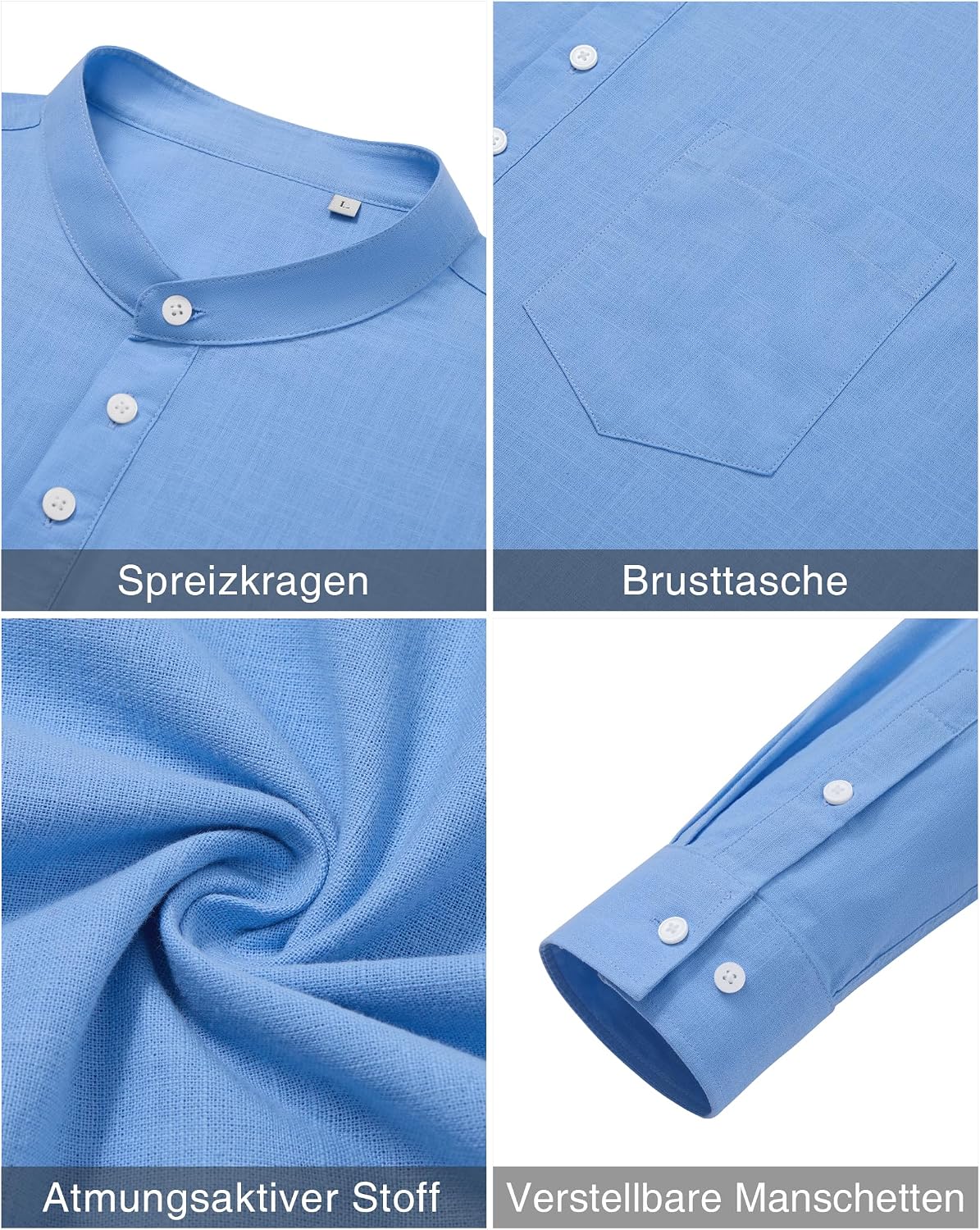 Detalle de J.VER Hemd Herren Baumwolle Leinenhemd Henley Langarm – Regular Fit, atmungsaktiv, mit Brusttasche