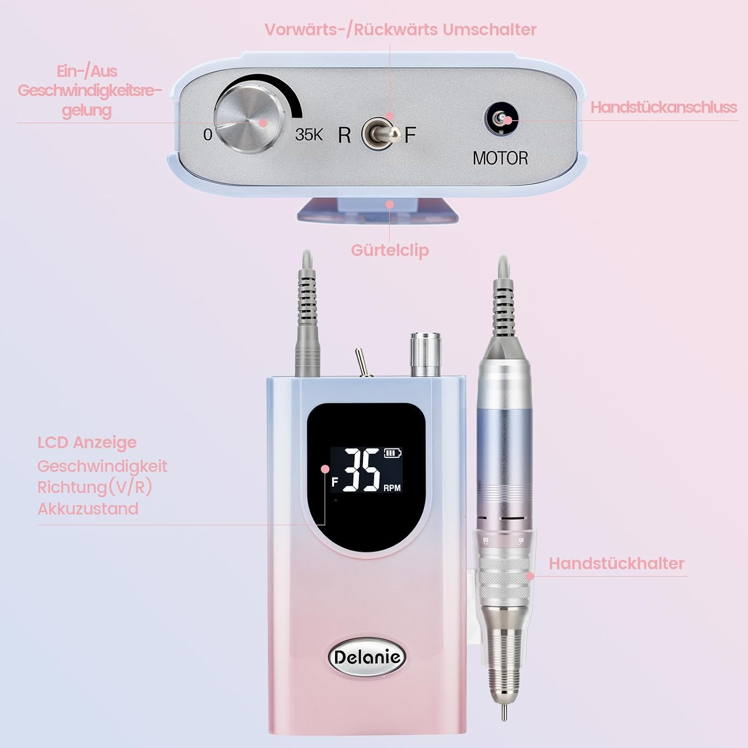 Detalle de Delanie Elektrische Nagelfräser 35000 U/min – Kabelloser Multifunktions-Nagelbohrer im Gradient Rosa