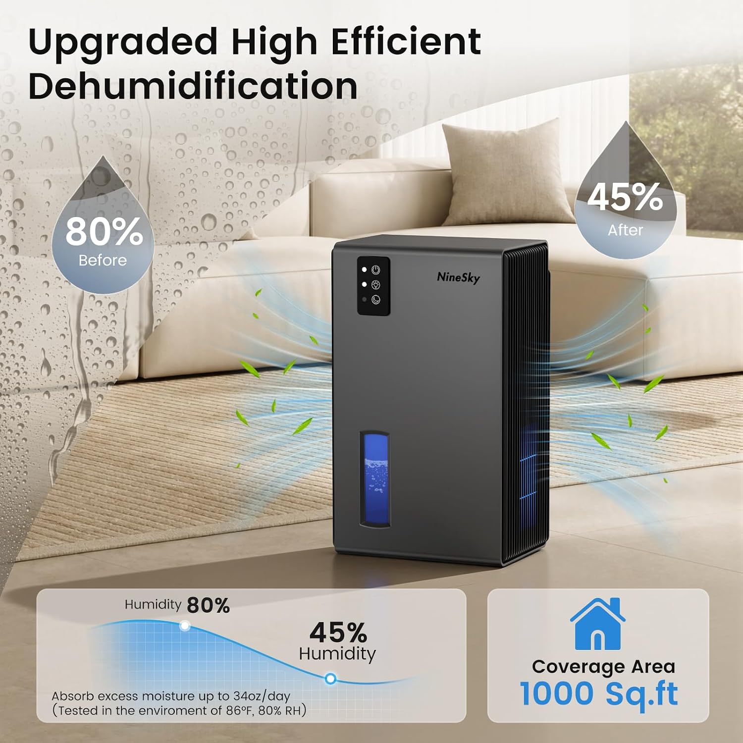 Detalle de NineSky 1000 Sq Ft Dehumidifier with 95 oz Tank — Quiet, Auto Shut-Off, and 7-Color Ambient Light
