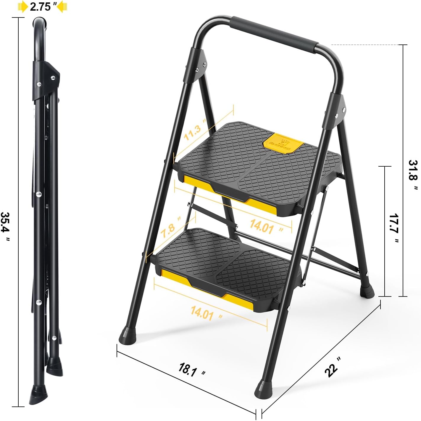 Thumbnail 6 de KINGRACK 2 Step Ladder with Safe-Lock Design, Handrail & Anti-Slip Wide Pedals (Steel, Folding)
