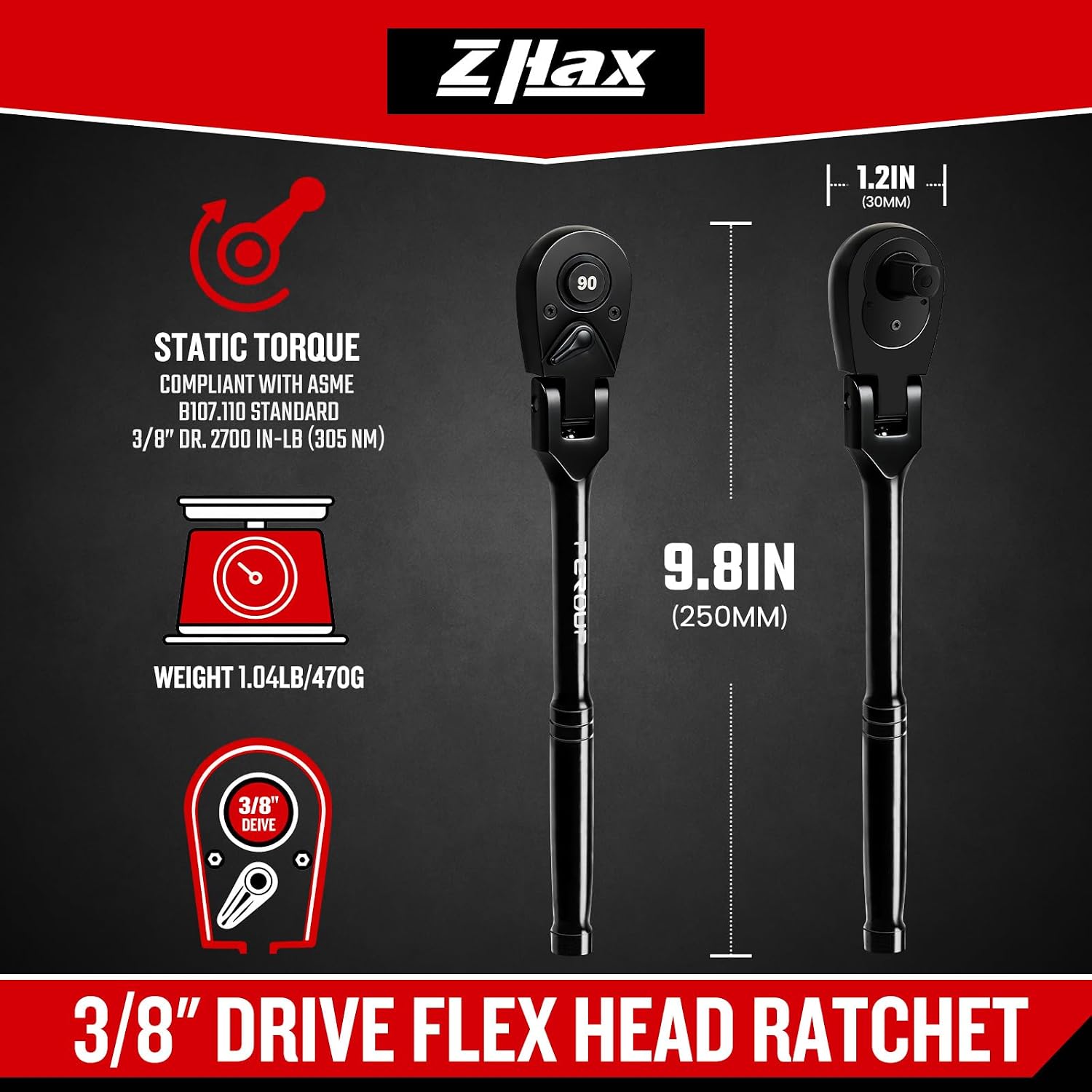 Detalle 2 de zhax 3/8" Drive Flex-Head Ratchet, 90-Tooth, 180° Swivel Head