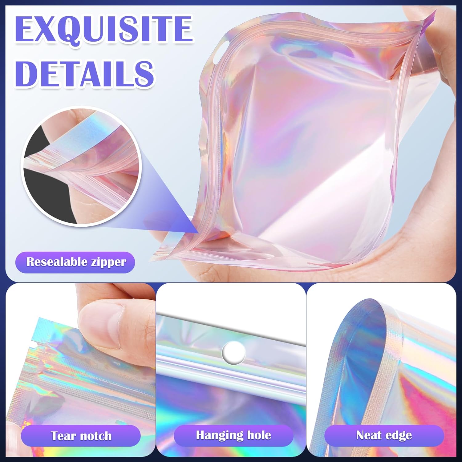 Detalle de JETMORE 100 Pcs Holographic Mylar Bags (3x5in) – Resealable, Windowed, Smell-Proof