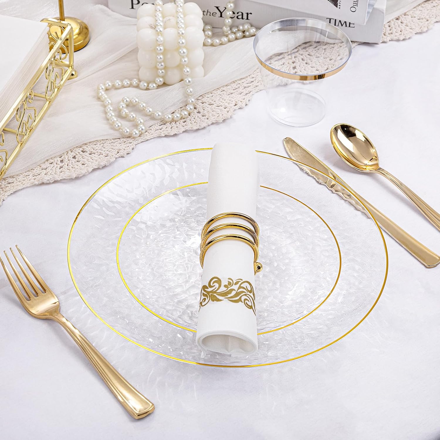 Detalle de Rubtlamp 100Pcs Clear Gold Plastic Plates with Gold Rim (50 Dinner + 50 Dessert) — Disposable Party Plates