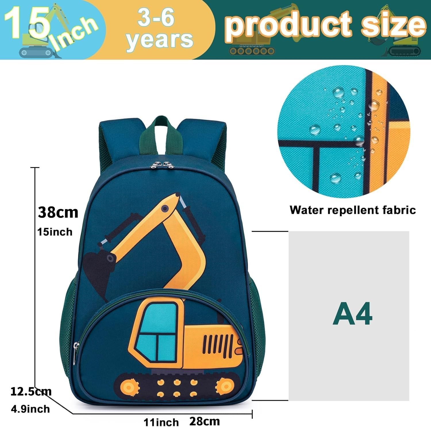 Detalle de LOIDOU Kinderrucksack Jungen 38 cm – Vorschul-Tagesrucksack mit Dinosaurier-, Hai- und Auto-Motiv