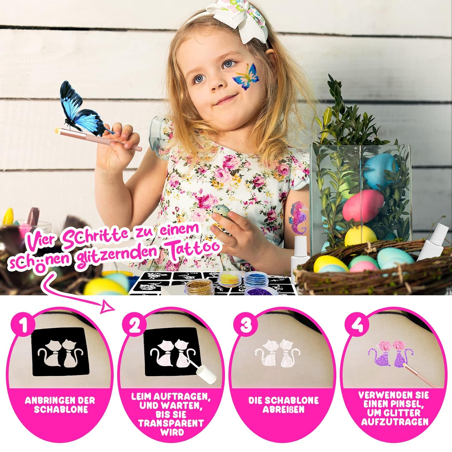 Thumbnail 2 de jingyuanli Glitzer Tattoo Set Kinder mit 42 Farben, 228 Schablonen und Strasssteinen (ab 3 Jahren)