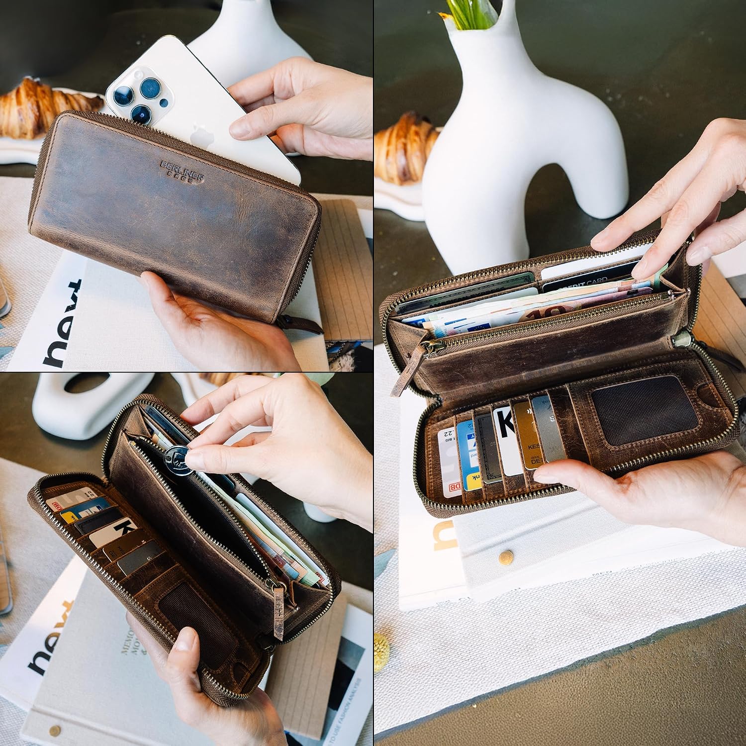 Detalle 2 de Berliner Bags Margo Grand Portefeuille en Cuir avec RFID – Marron, 12 emplacements et fermeture YKK