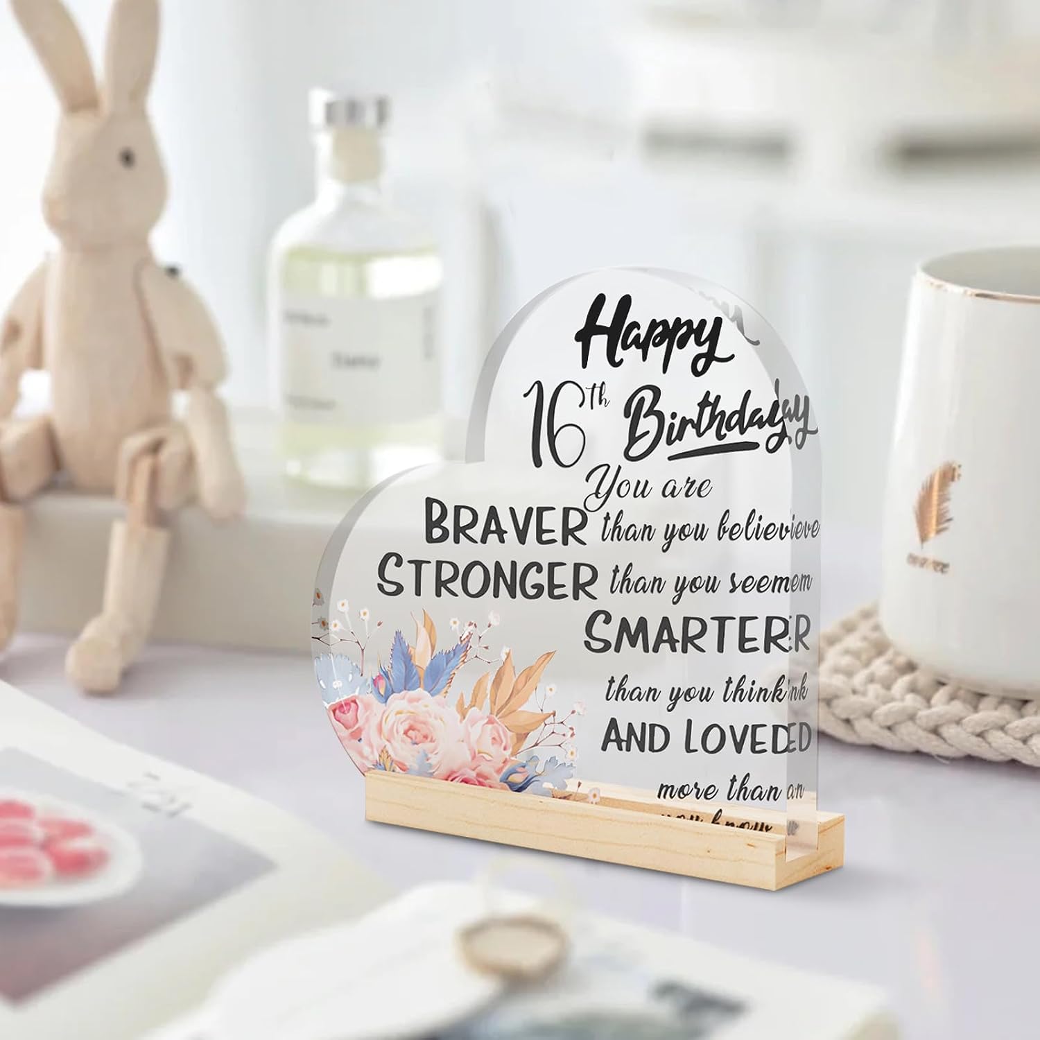 Detalle de SZXYCZL 16th Birthday Heart-Shaped Acrylic Plaque with Wooden Stand