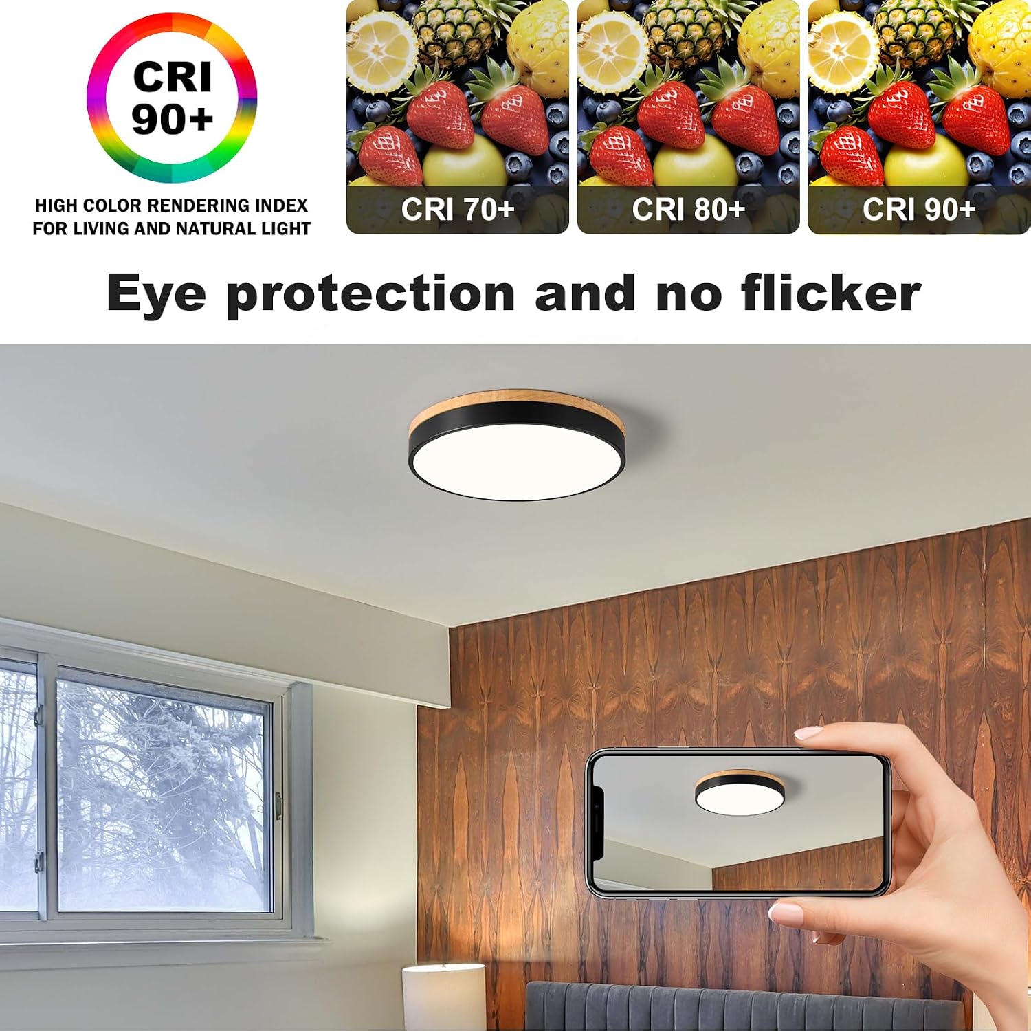 Detalle de Vikaey VGCA20251217B Wood LED Flush-Mount Ceiling Light, Black, 15.8 in