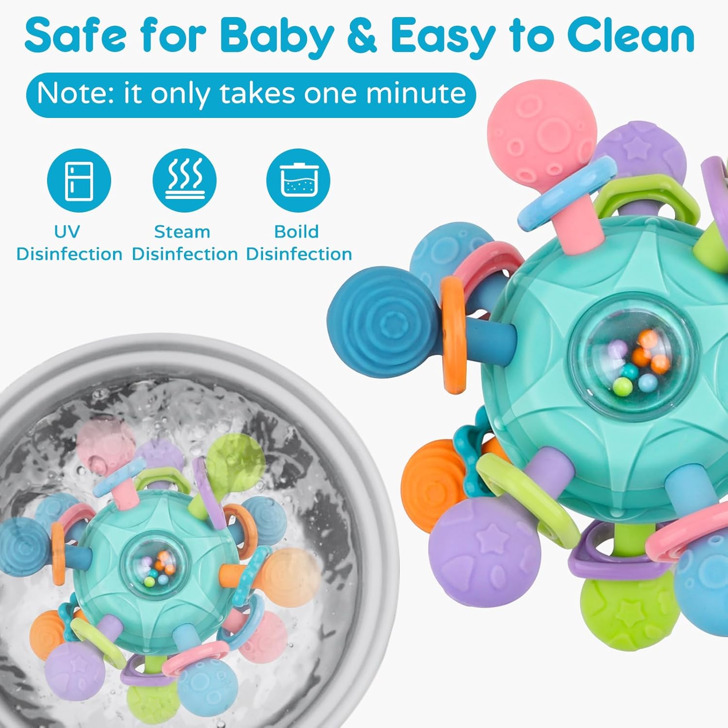 Thumbnail 5 de Baby Toys 0-6 Months Sensory Montessori Toys: Rattle, Teether and Grab Spin in Blue