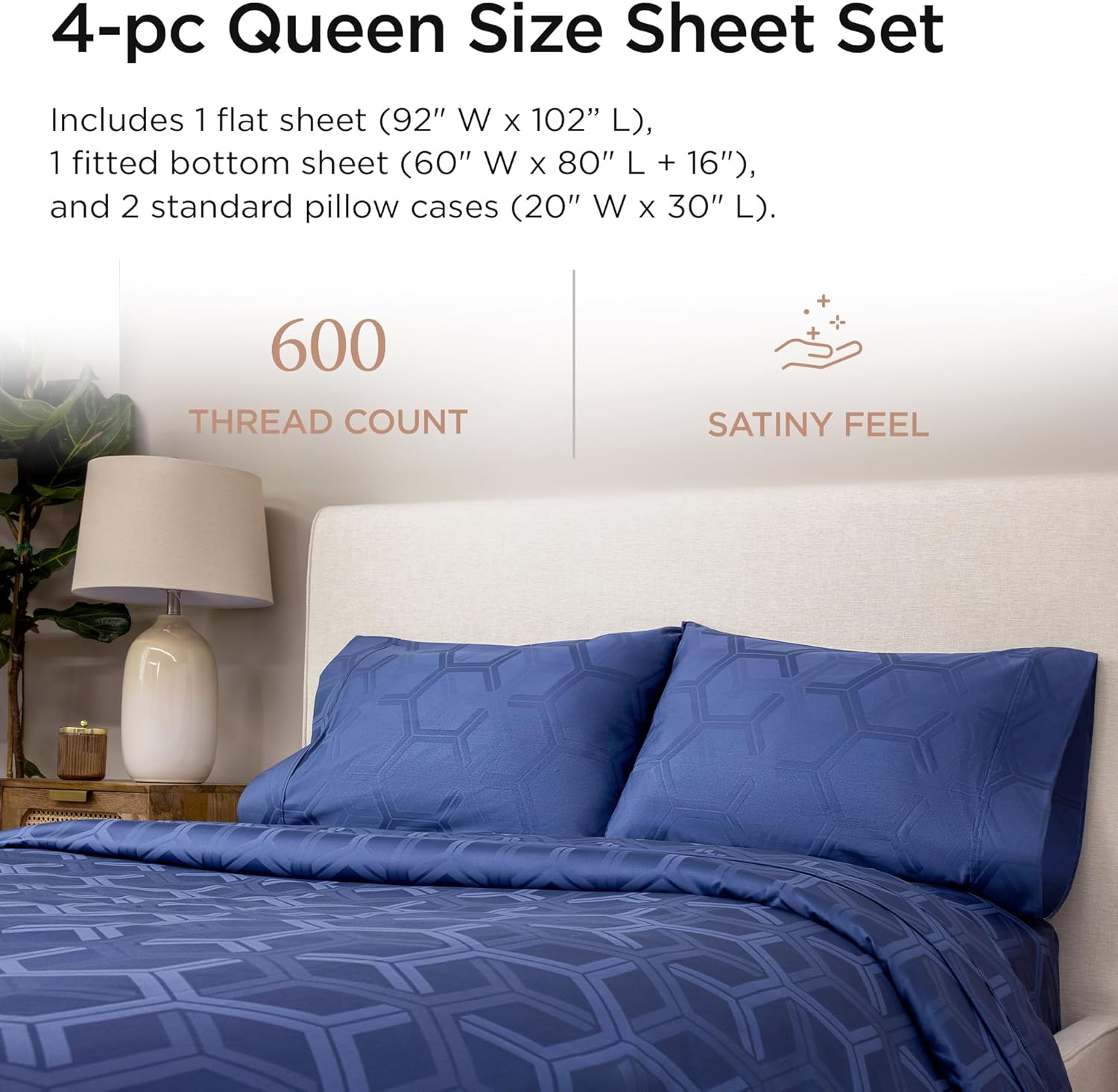 Thumbnail 1 de Threadmill 100% Cotton Sheets for Queen Size Bed — 600 Thread Count Jacquard Sateen, Deep Pocket 16", Folkstone Blue