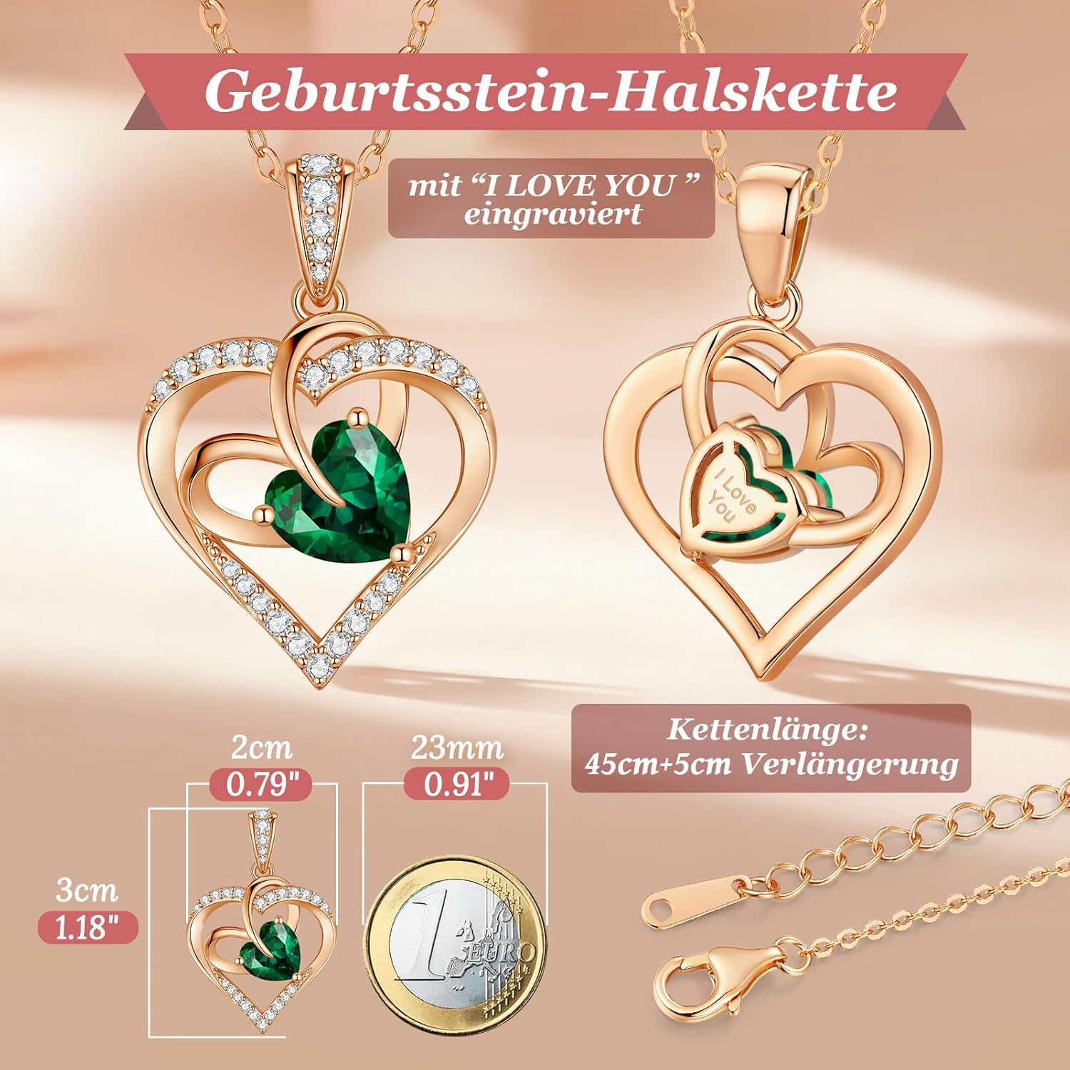 Thumbnail 5 de CDE Damen-Herzkette „Ewigkeitsherz“ mit Geburtsstein-Anhänger, Roségoldfarben (Rhodinierung)