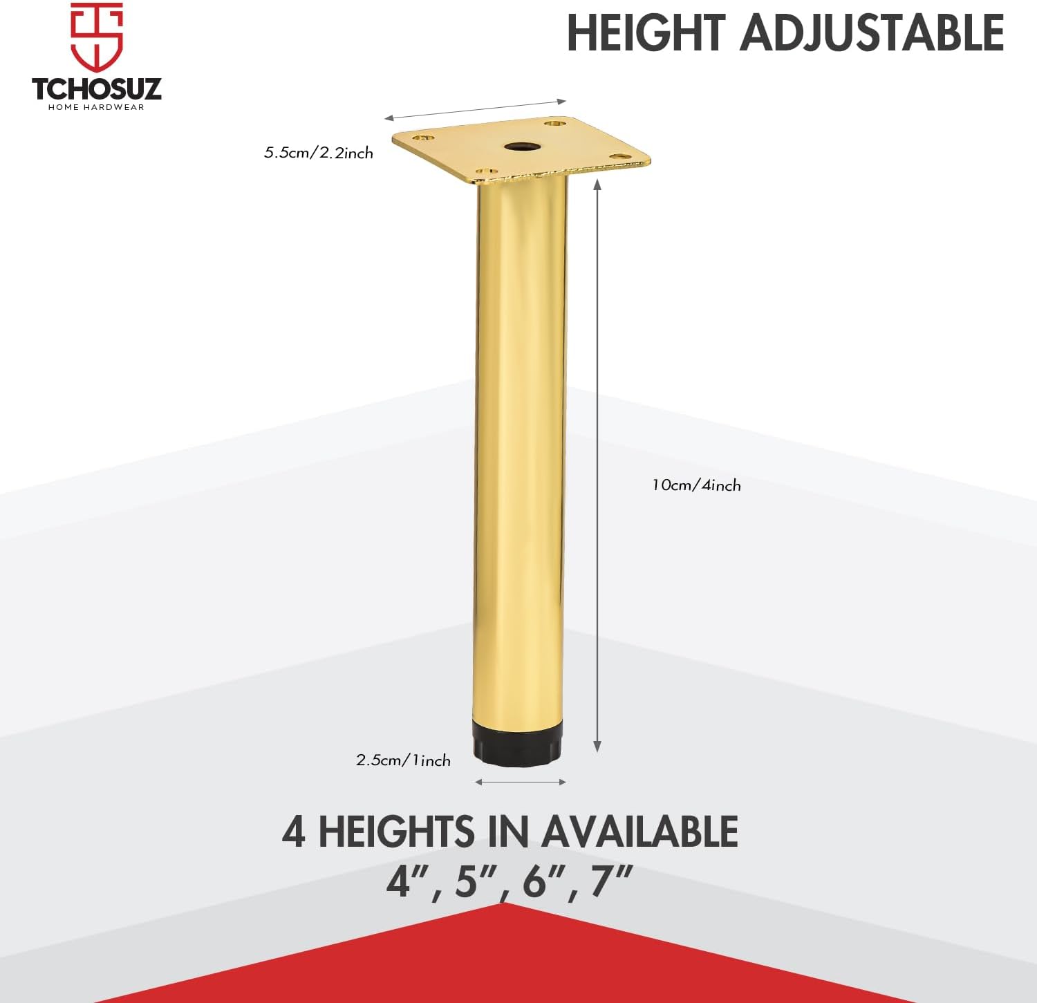 Thumbnail 4 de TCHOSUZ 4 inch Adjustable Metal Furniture Legs (Pack of 8) – Round Gold Iron, Heavy Duty DIY Replacement Feet