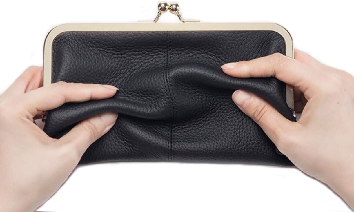 Detalle de AprinCtempsD Women's Genuine Leather Clutch Bag with Kiss Lock – Compact Long Wallet