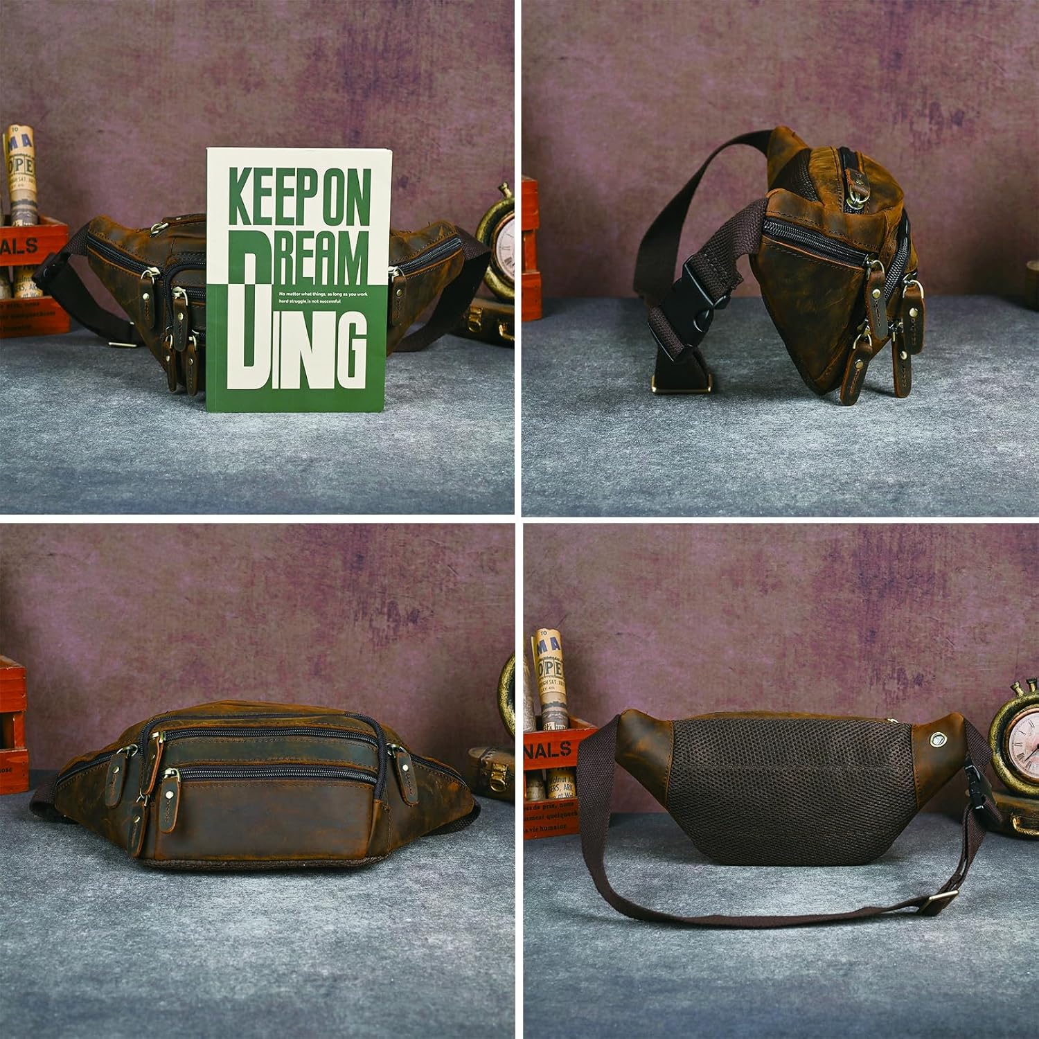 Detalle de Handadsume Echtleder Hüfttasche – 32 x 12 x 17 cm, Crazy Horse Leder, 75–110 cm Taille