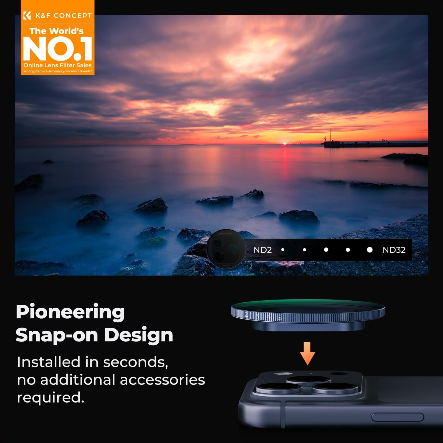 Thumbnail 1 de K&F CONCEPT Snap-On ND2-32 Filter for iPhone 17 Pro/Max – Ultra-Lightweight, Snap-On Deco Mount