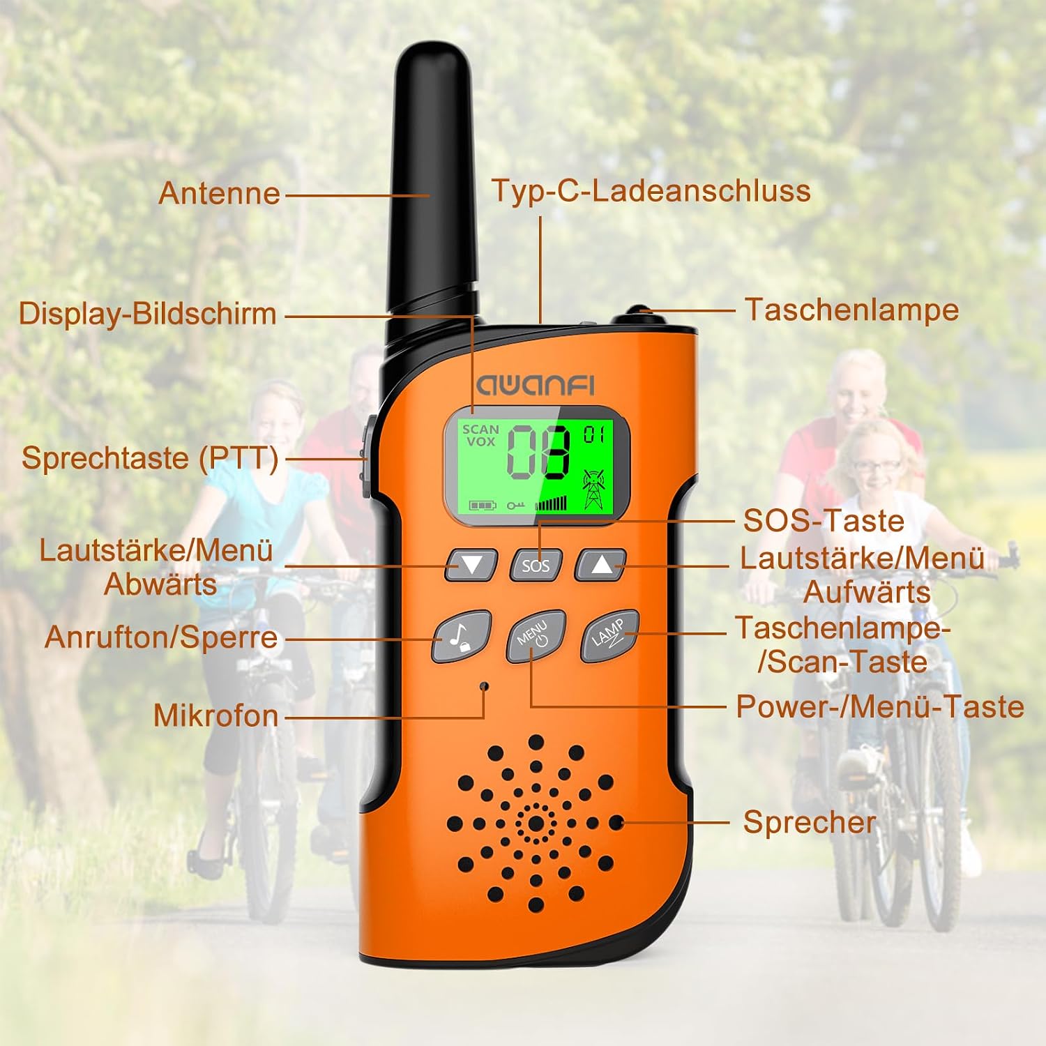 Detalle de AWANFI Walkie Talkie Kinder-Set: Wiederaufladbar, VOX, Taschenlampe und 3-km-Reichweite