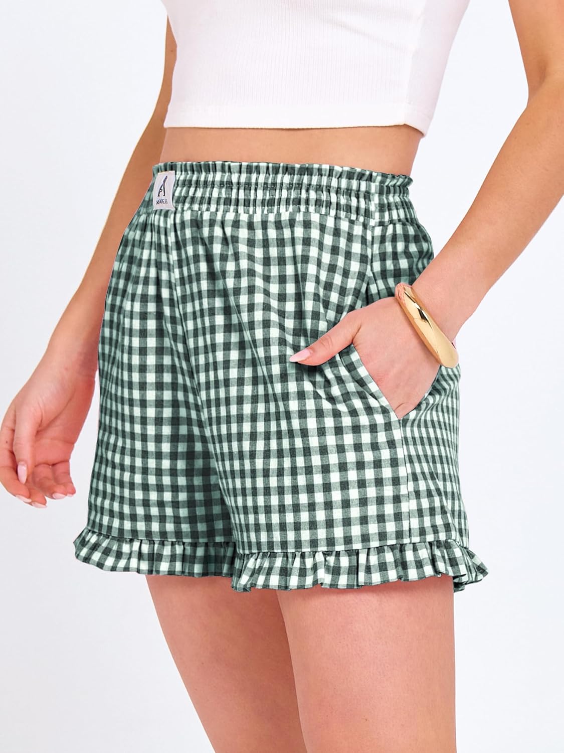 Thumbnail 2 de ANRABESS Women's Gingham Plaid Boxer Shorts with Elastic Waist and Ruffle