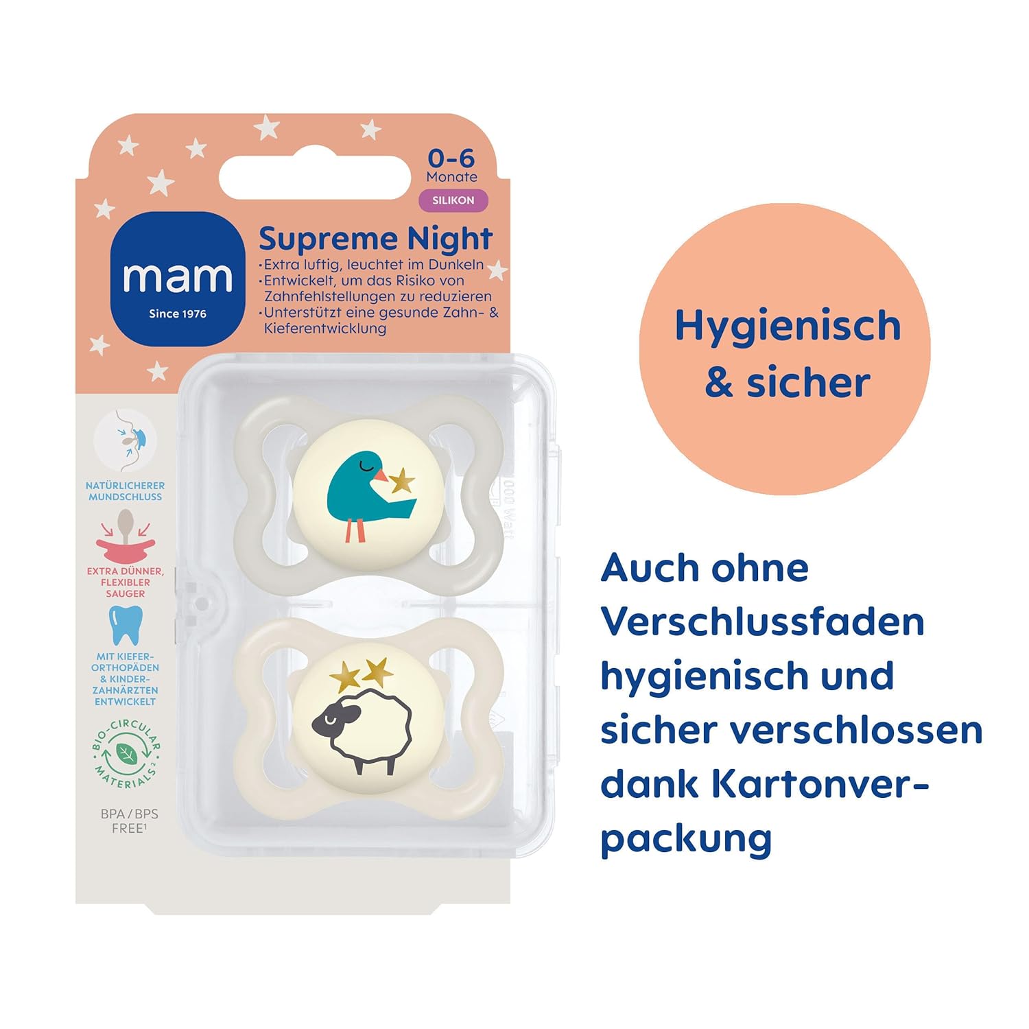 Detalle de MAM Supreme Night Schnuller 0-6 Monate – 2 Stück mit Leuchtknopf und SkinSoft Silikon