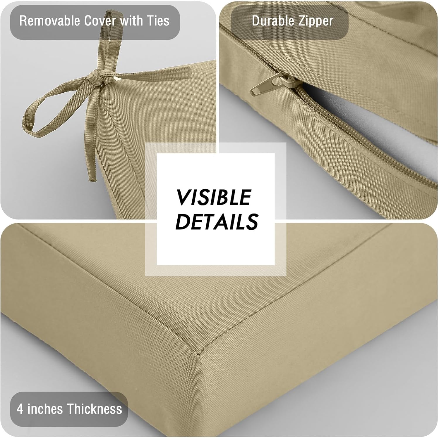 Detalle de PRIMEPATIO Outdoor Chair Cushions Set of 2 – 7cm Thick, Waterproof 40x40cm (Light Khaki)
