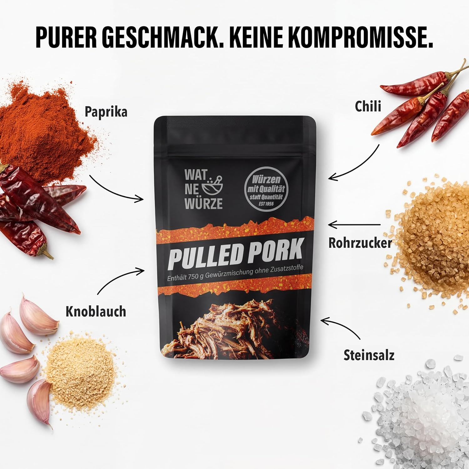Detalle 2 de WAT NE WÜRZE Pulled Pork Rub Gewürzmischung 750 g – BBQ Gewürz für Pulled Pork aus Schweineschulter oder Schweinenacken