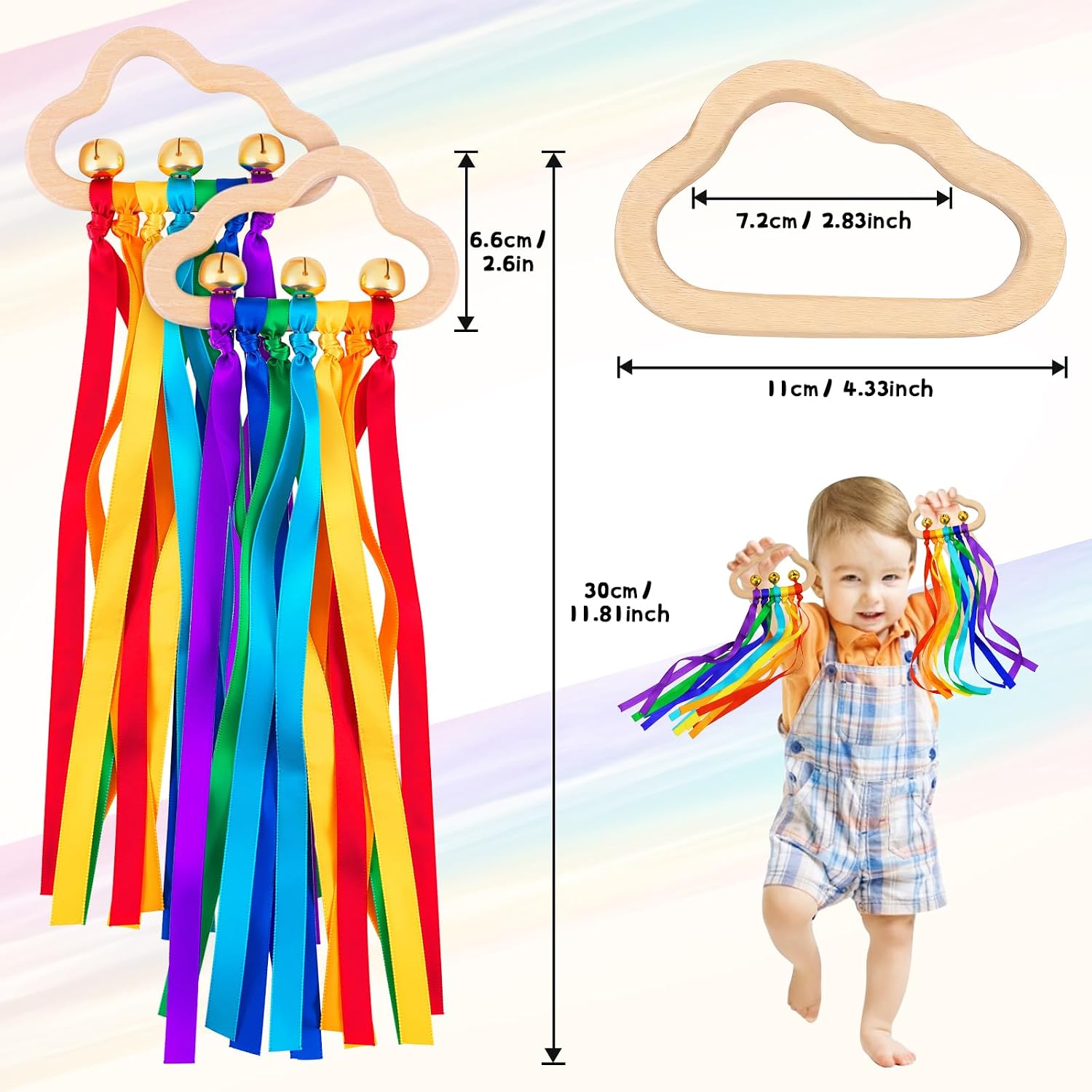 Thumbnail 6 de Baby Wooden Sensory Rattle Toys Rainbow Ribbons Cloud Ring (2 pieces) with bells