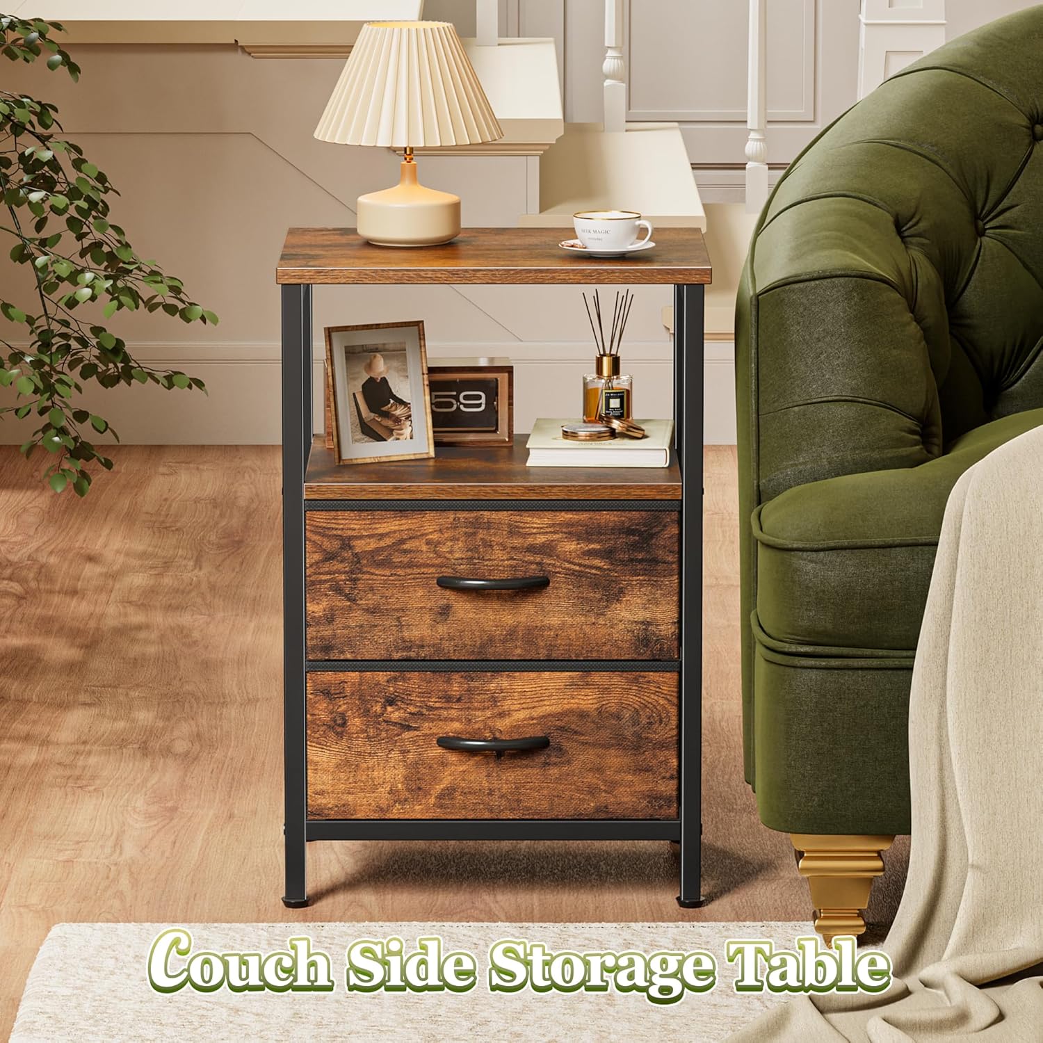 Detalle de Huuger Night Stand Set 2: 2-Drawer Bedside Table with Open Shelf in Rustic Brown