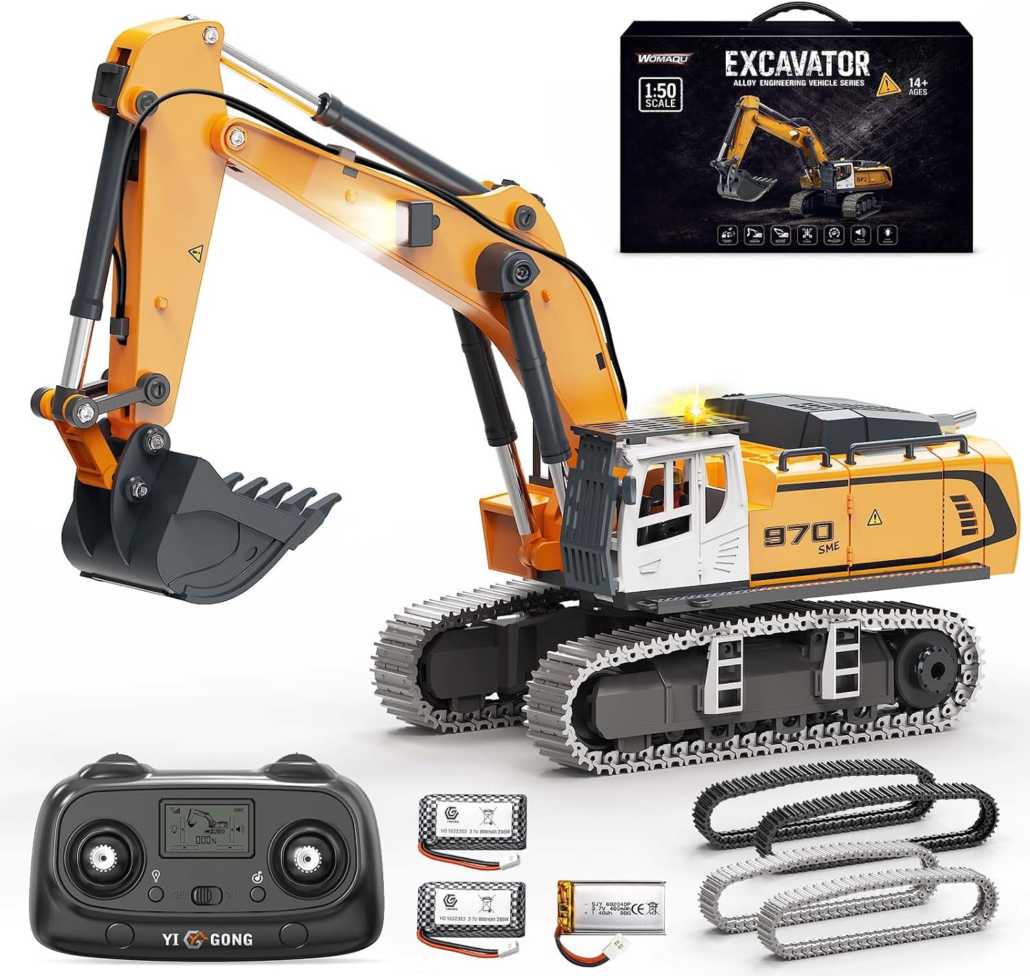 Detalle de Womaqu YG970 RC-graafmachine 1:50 met metalen bak, rupsbanden en 2,4GHz-bediening
