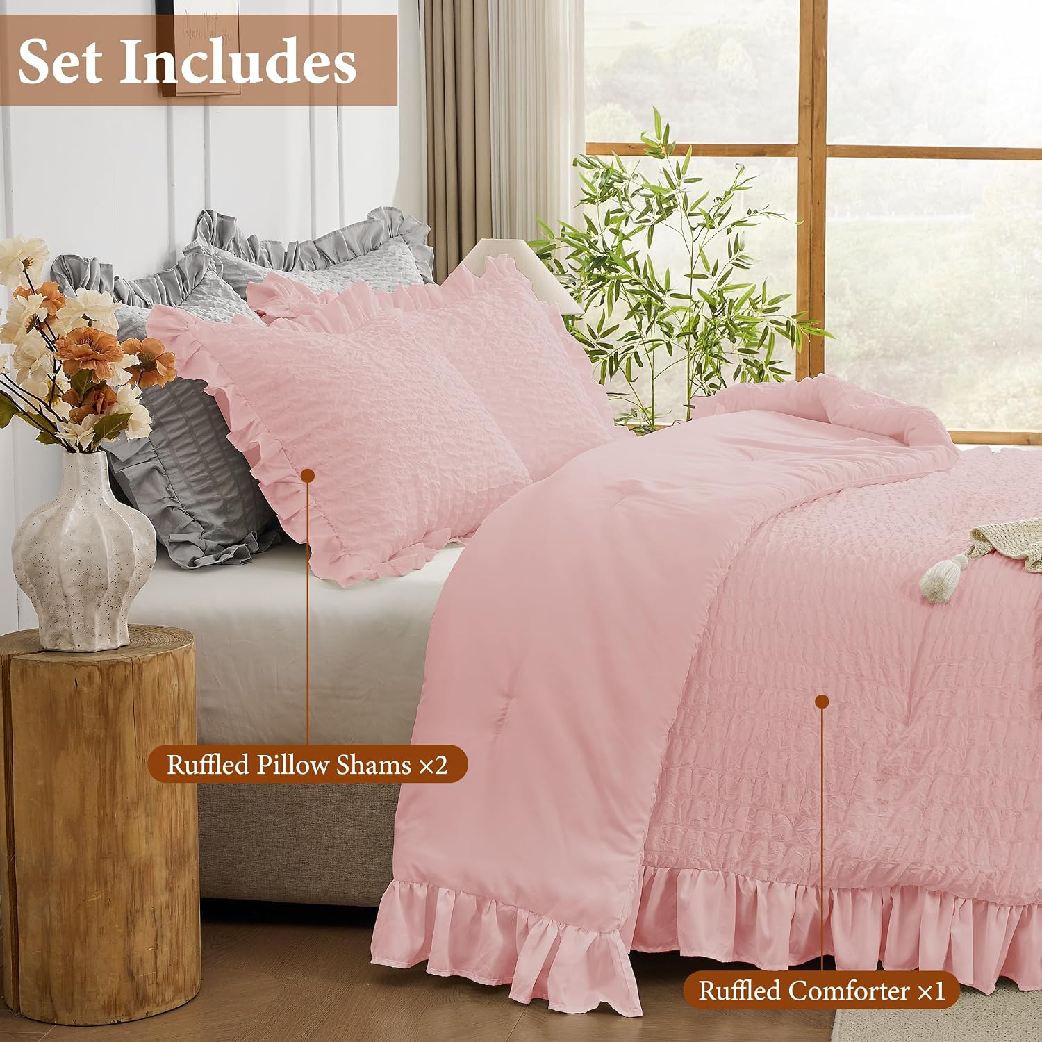 Detalle de JOLLYVOGUE Pink Seersucker Queen Comforter Set, 3 Pieces – Lightweight All-Season With Ruffle Details