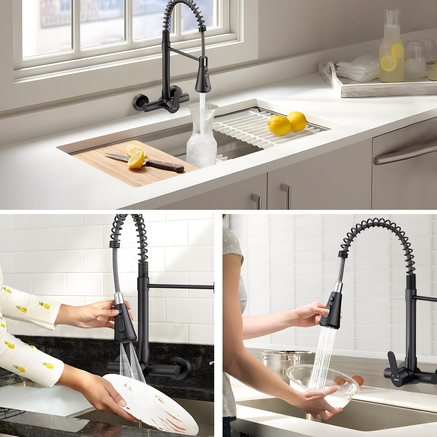Detalle 2 de HURRAN Rubinetto Cucina a Muro con 3 modalità, monocomando girevole 360° e finitura nero opaco