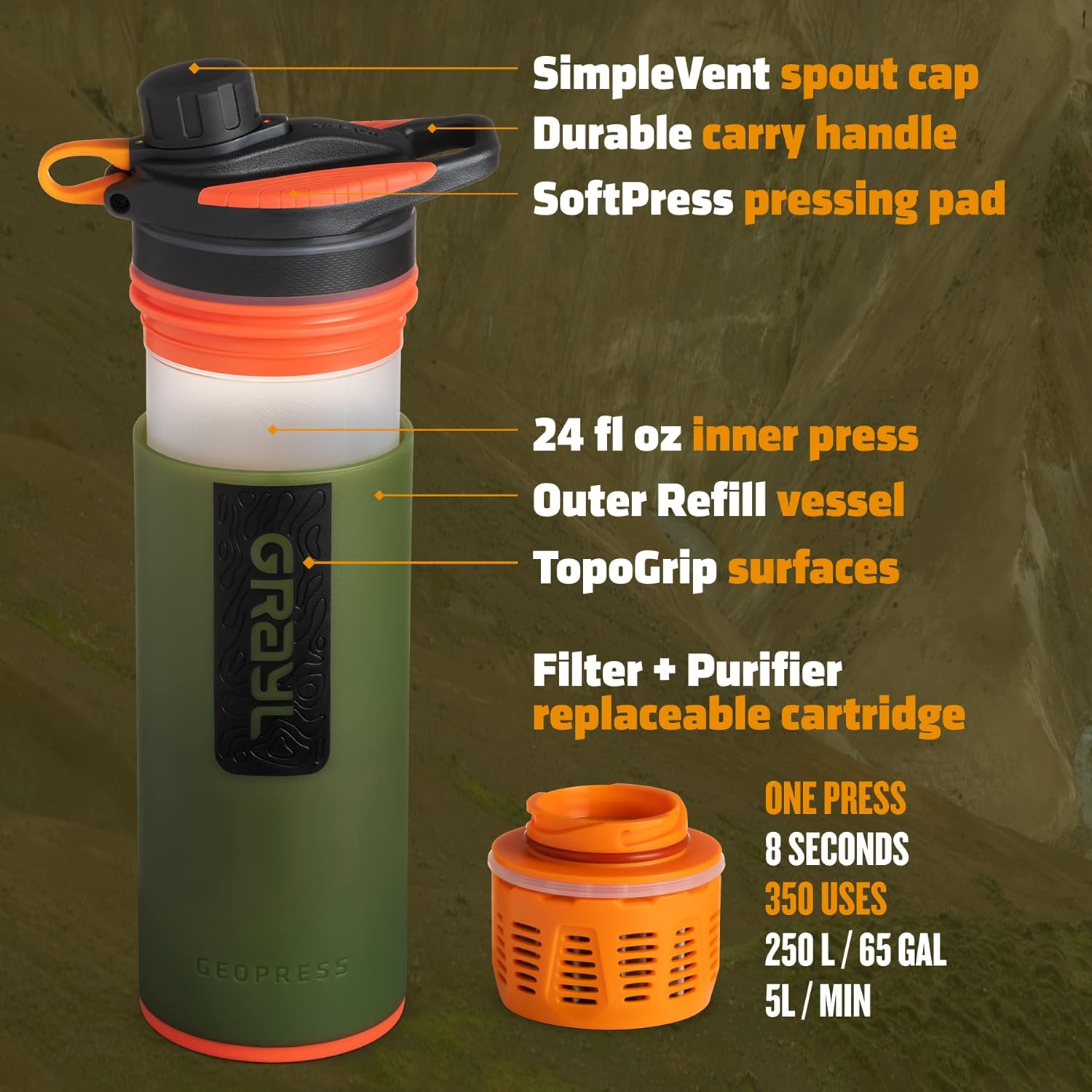 Detalle de GRAYL GeoPress 24 oz Water Purifier Bottle – Oasis Green
