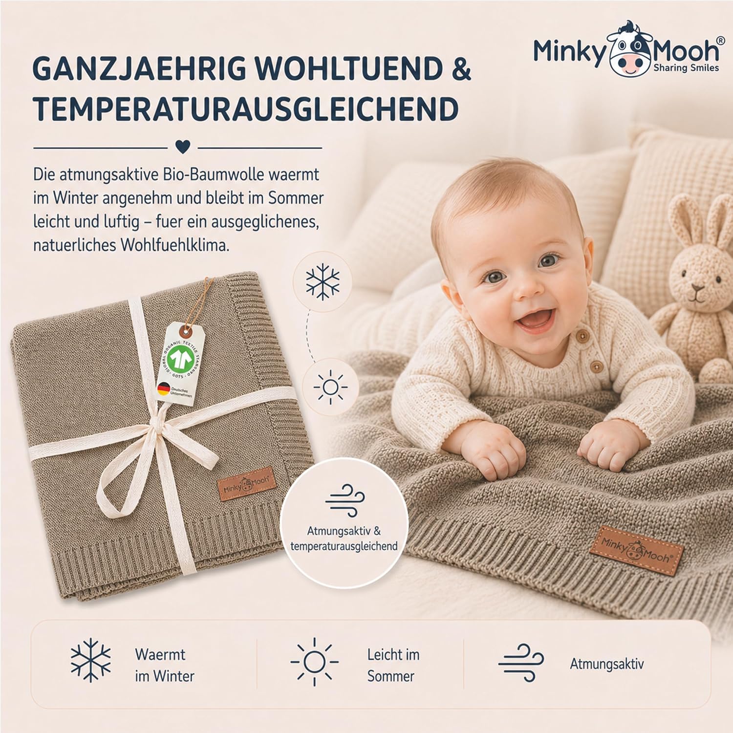 Thumbnail 6 de Minky Mooh® Babydecke aus 100% Bio-Baumwolle, Öko-Tex 100, Taupe 94 x 72 cm