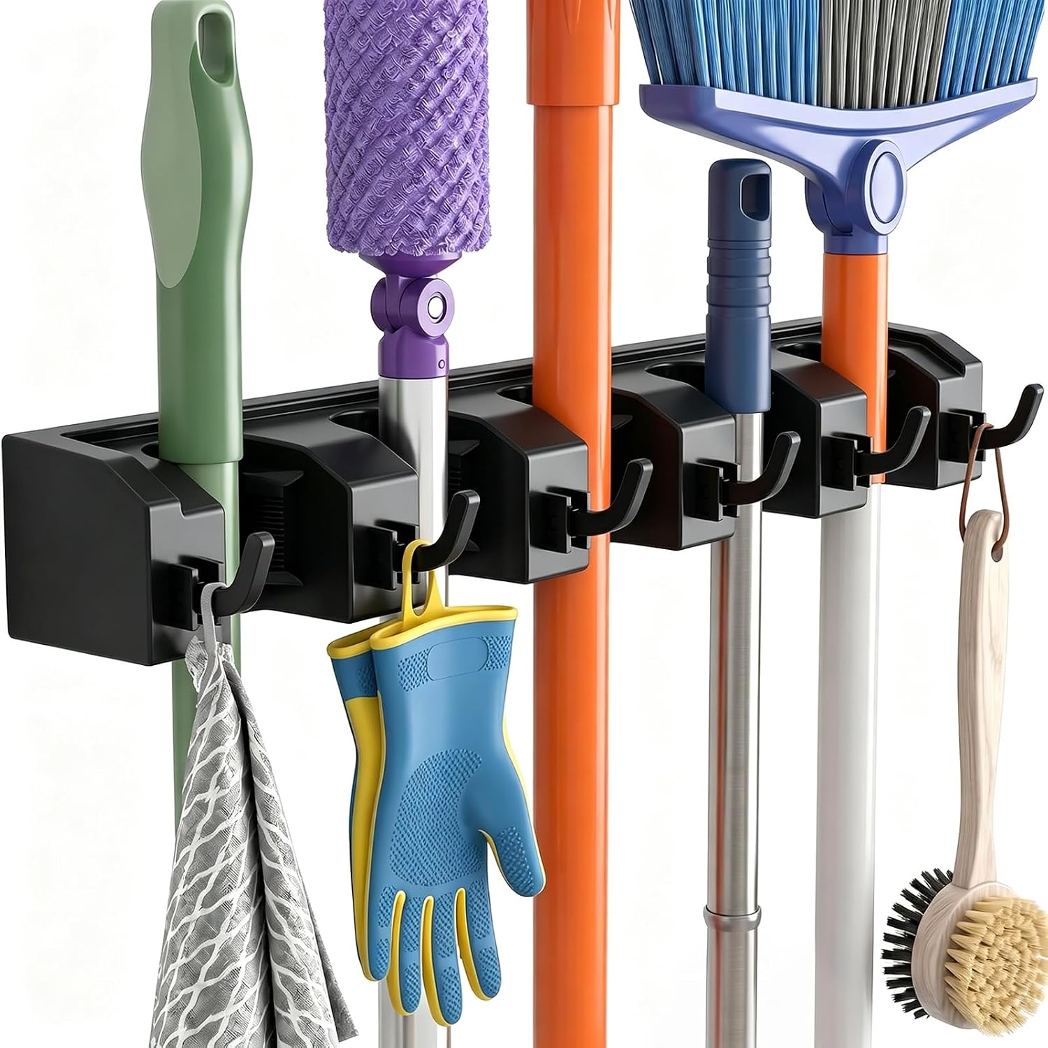 Detalle de AceMining Wall Mounted Broom Mop Holder: Heavy-Duty, 5 Holders & 6 Hooks, Black
