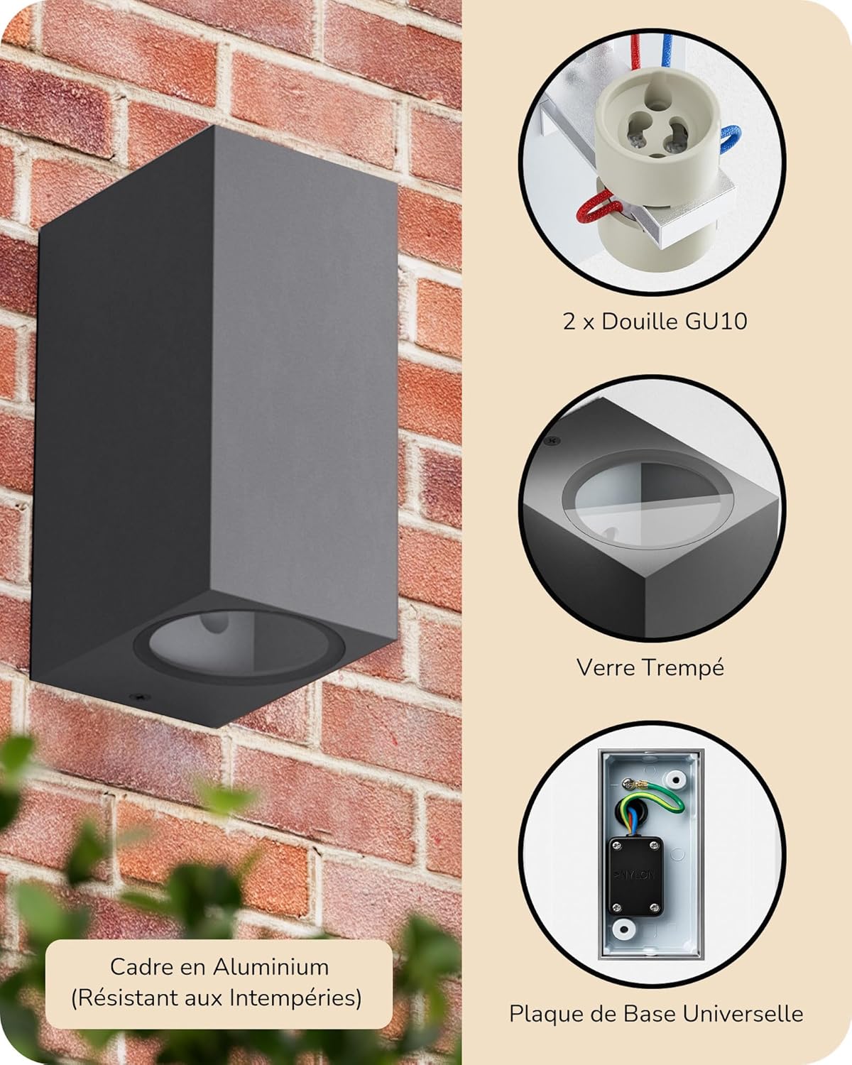 Detalle de EDISHINE Applique Murale Extérieure IP44 — Gris Foncé, GU10, 15 x 6,5 x 9,2 cm