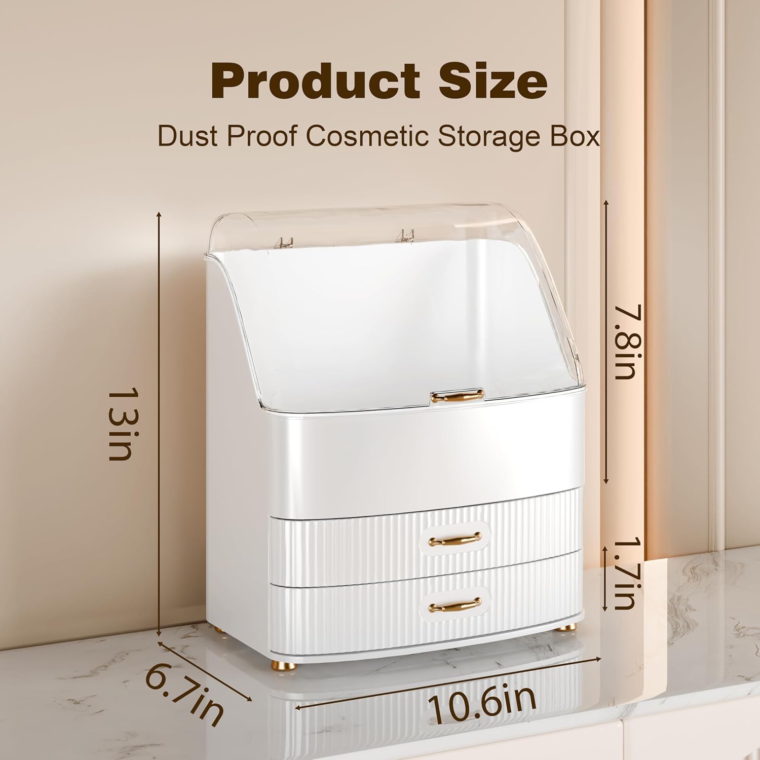 Detalle de LURCNS Makeup Organiser with Drawers – Skincare Storage Box with Lid, White