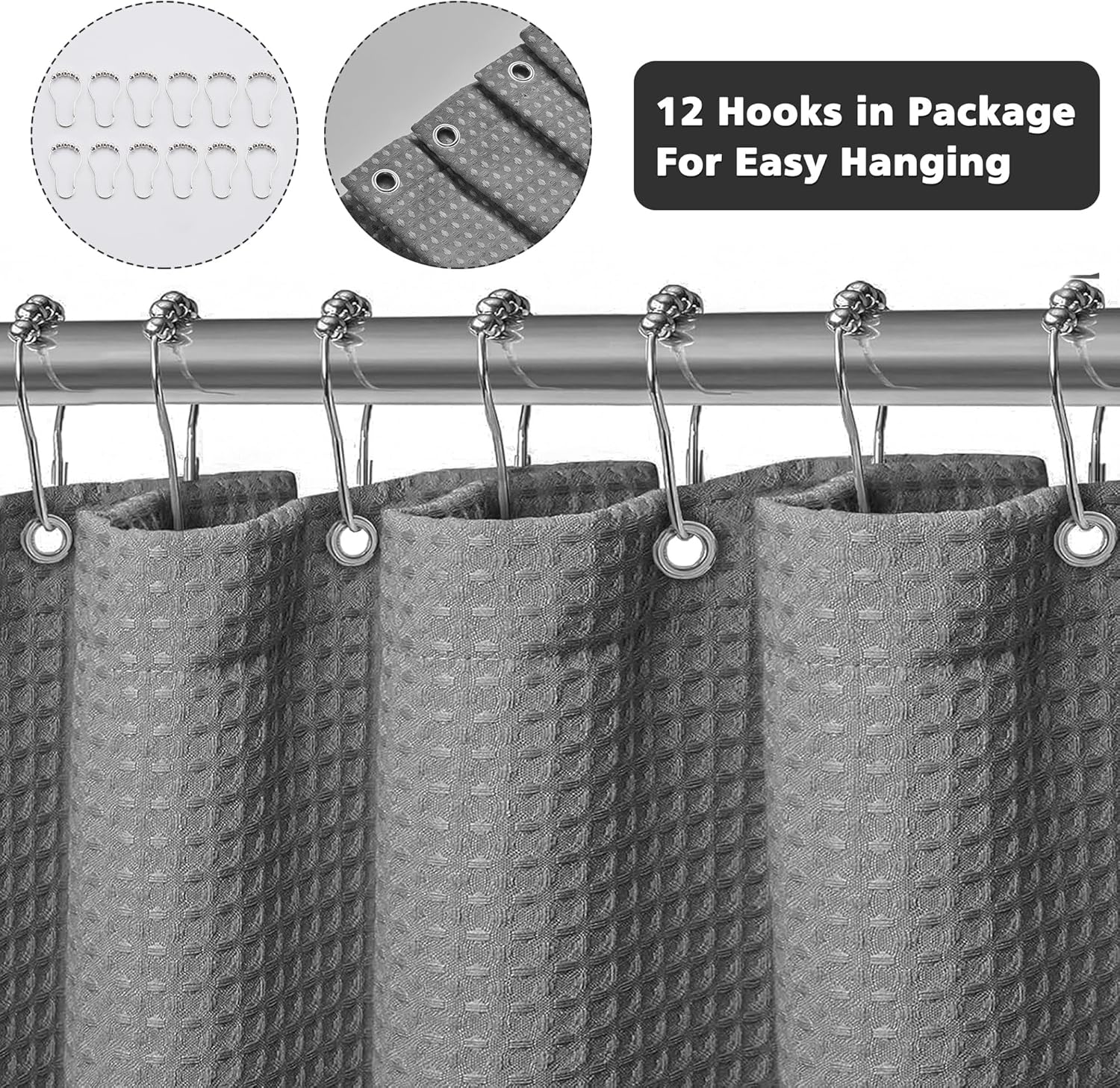 Thumbnail 5 de KAIMEIYU Rideau de Douche en Tissu Polyester Lavable en Machine, 180x200 cm – Motif Waffle Grisé avec 12 Crochets Métalliques