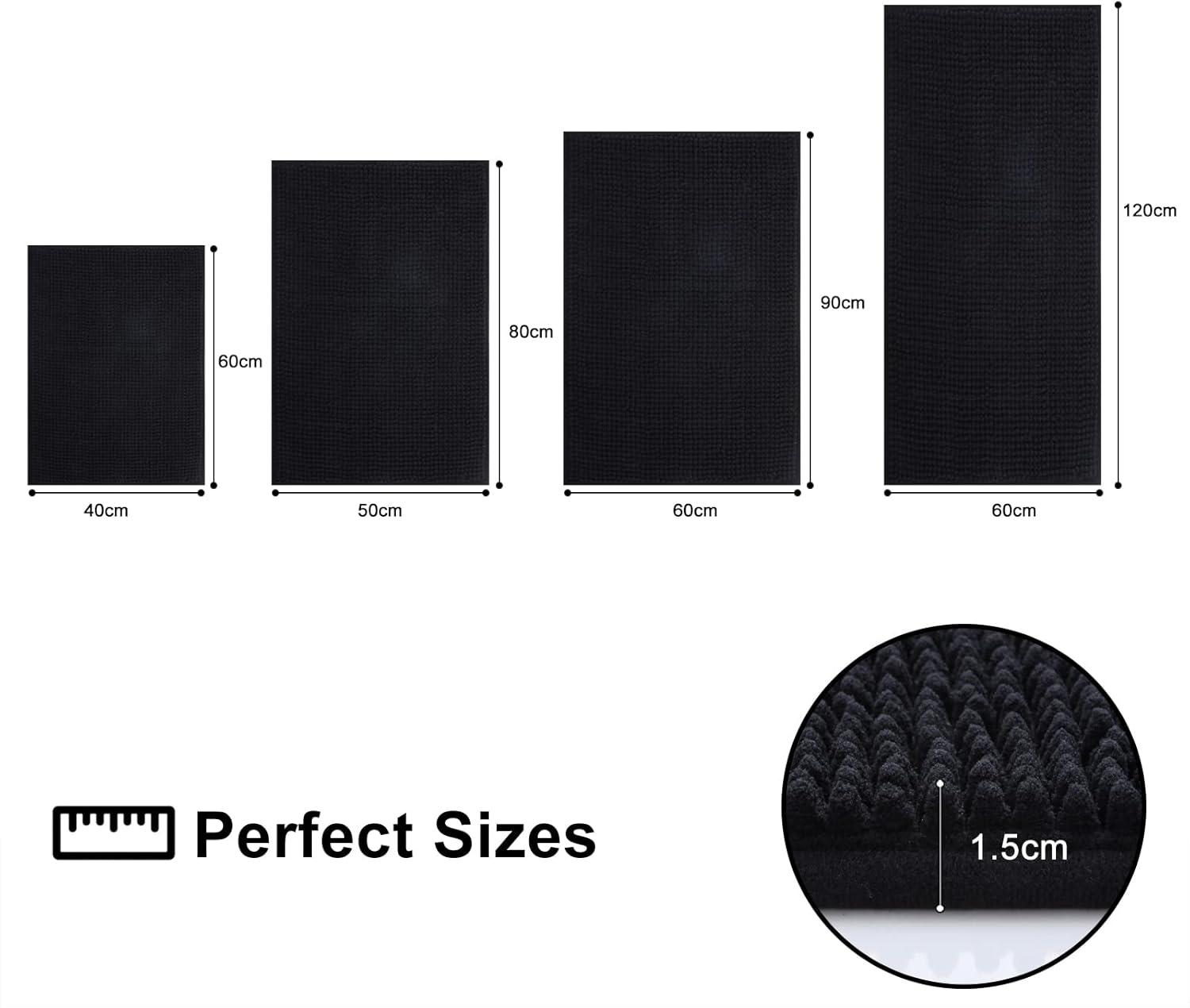 Thumbnail 2 de Smiry Non Slip Chenille Bath Mat (Extra Soft, Super Absorbent) 40 x 60 cm, Black