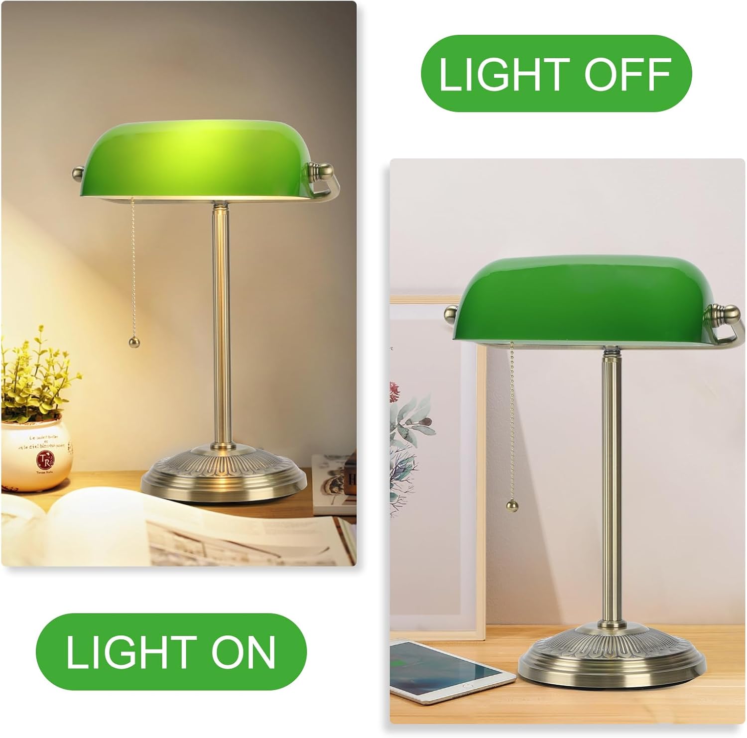 Detalle 2 de BNYFDC HD250808 Bankers Desk Lamp, Green Glass Shade and Brass Finish