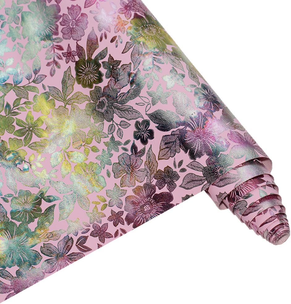 Detalle de Kunstleder Stoff Rolle 41 x 137 cm mit glänzendem Blumenmuster in Rosa – ideal zum Basteln
