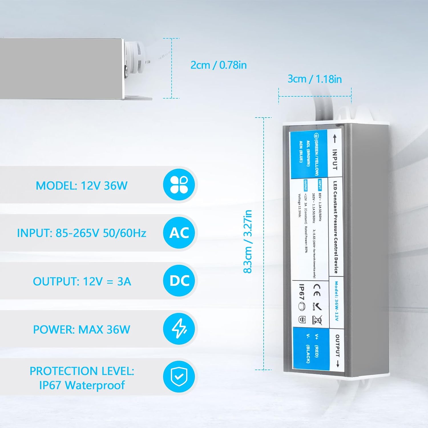 Detalle 2 de SUCIKORIO Trasformatore LED 12V 36W IP67 (AC 220V a DC 12V 3A) ultra sottile