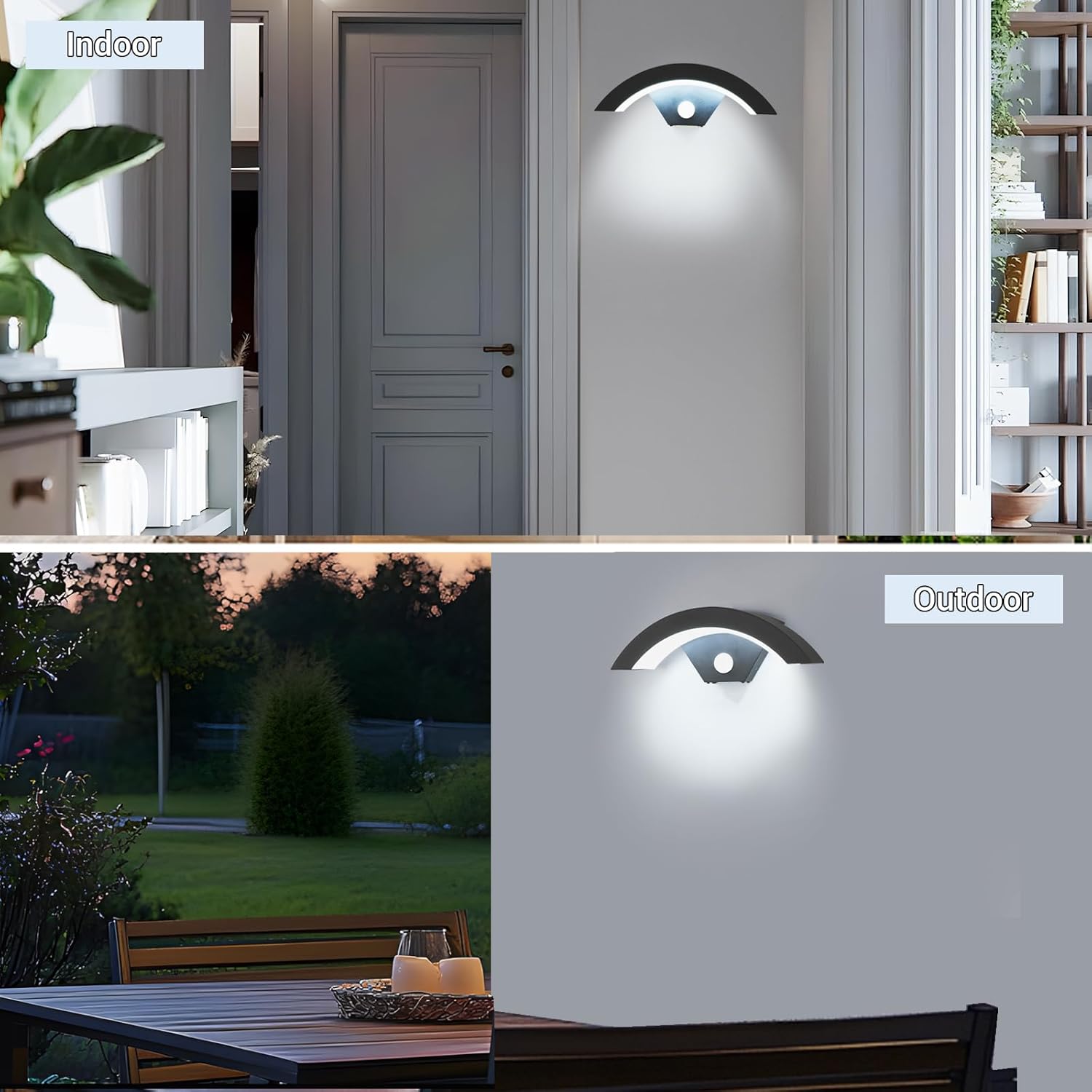 Thumbnail 4 de Set da 2 applique da esterno LED con sensore di movimento 24W IP65, design a U nero, 6500K (luce bianca fredda)