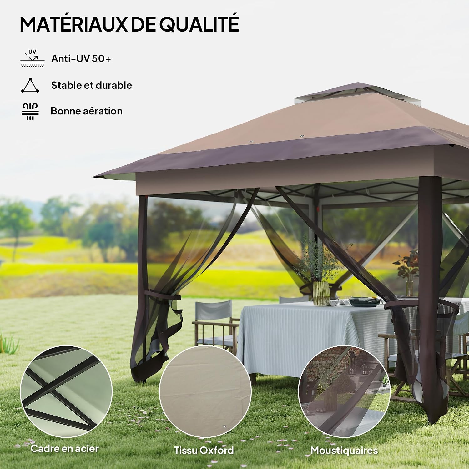 Detalle de Outsunny Tonnelle de jardin pliante 3,6x3,6 m à double toit avec moustiquaires et sac de transport à roulettes